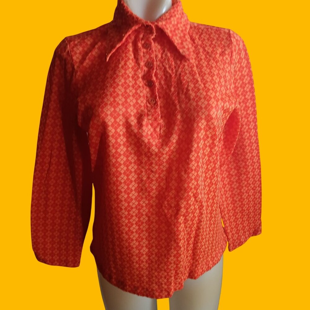 Medium 12 Vintage Top Blouse 1970s Womens Hot Orange Long Sleeve Geometric Mod